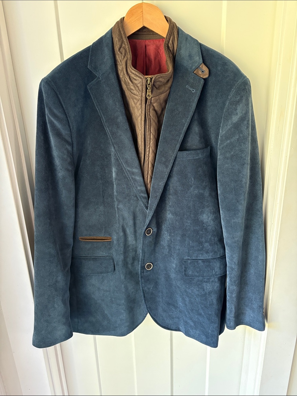 English Laundry Blue Suede Blazer with Brown Quilted Zip Vest